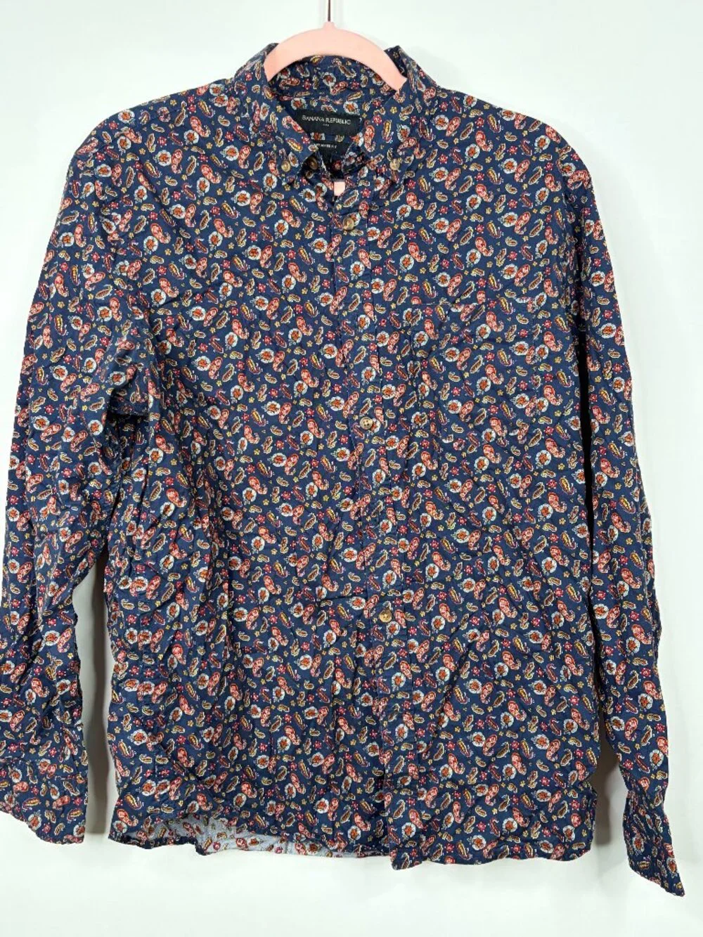 Banana Republic Slim-Fit Softwash Cotton Shirt Paisley Navy Medium #A3617